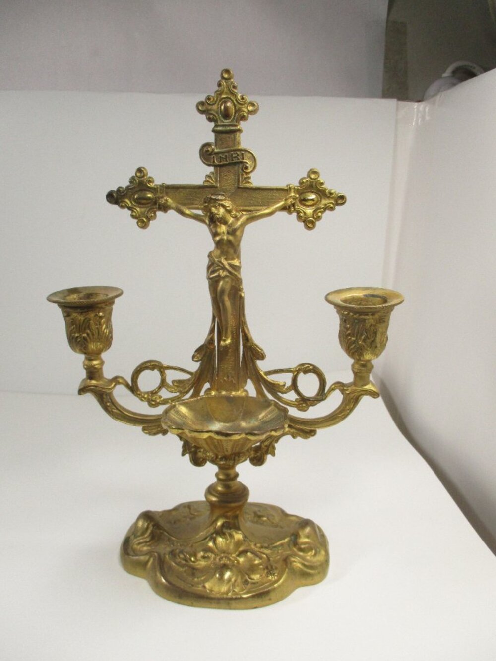 Antique Brass Jesus Christ Crucifix Cross Candle Holder Holy Water Font Catholic